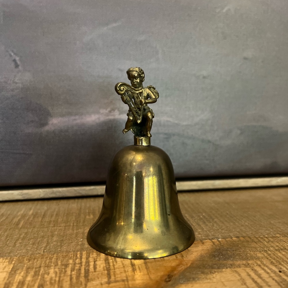 Vintage Brass Bell Angel Cherub Playing Harp Instrument Bell